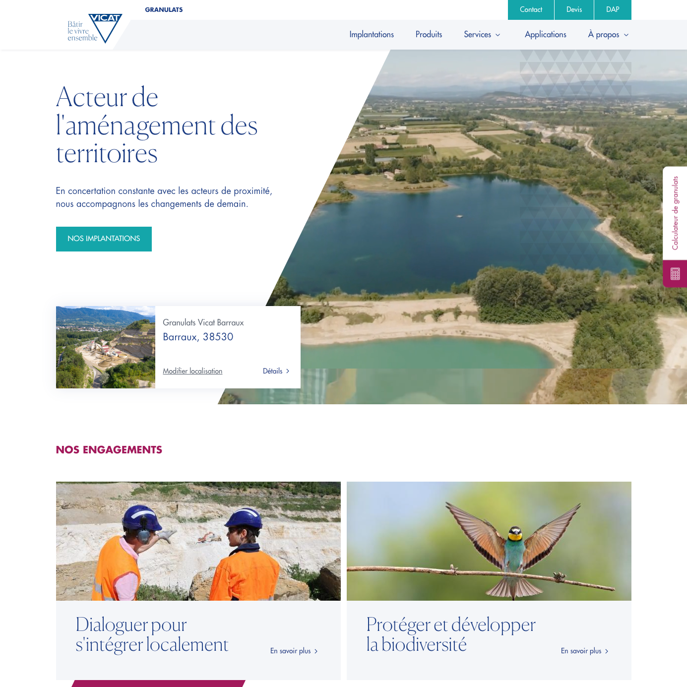 Copie d'écran du site Vicat Granulat